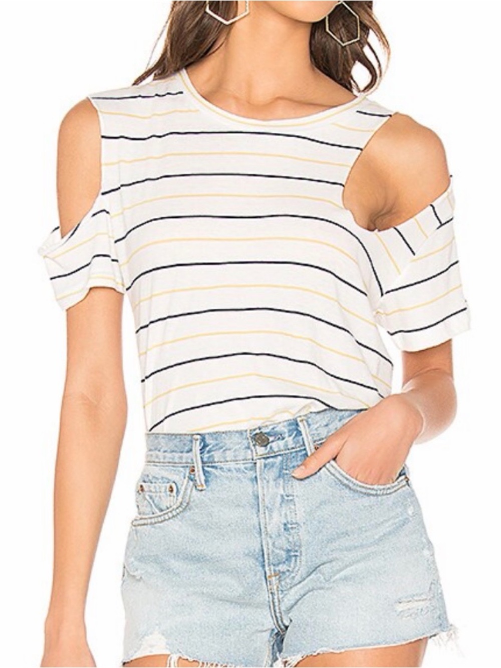 LNA Yellow Blue Striped Cold Shoulder Gaze Tee NWOT L